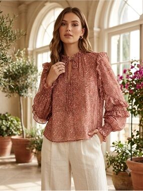AUREUM /Rust Floral Ruffle Tie-Neck Blouse - Sz. L - NWOT